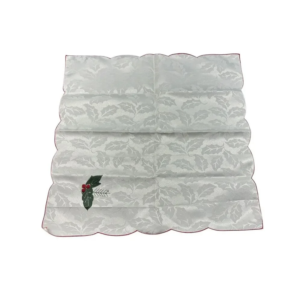 Vintage Christmas Holiday Green Cream Holly Floral Jacquard Table Runner+Napkins